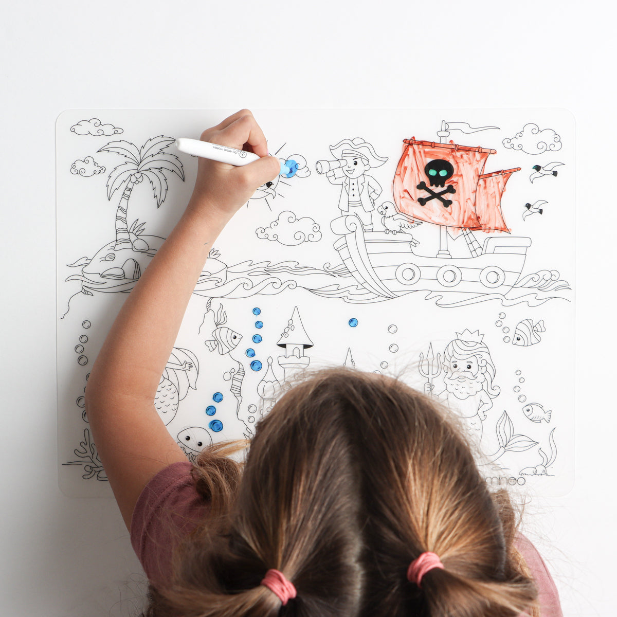 Silicone erasable and reusable coloring tablemat exclusive design Atlantis Mermaids and pirates state map for kids with set of dry-erase markers for kids by Mks miminoo gilbert arizona montessori homeschooling traveling activities