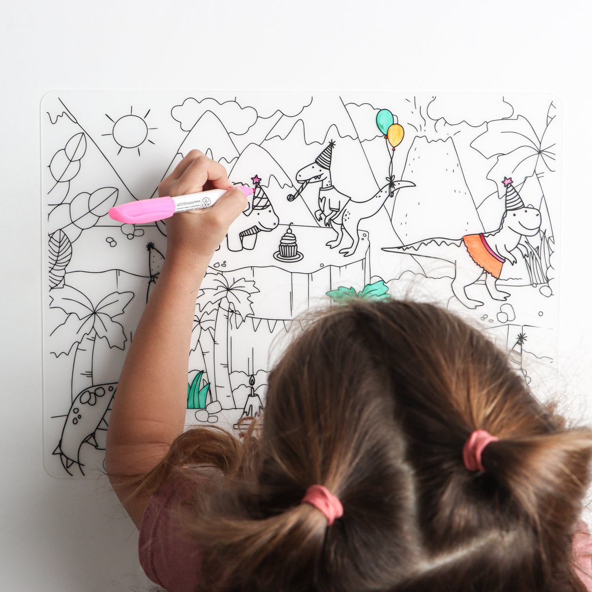 Silicone erasable and reusable coloring tablemat exclusive design Dinosaurs Dinos Party map for kids with set of dry-erase markers for kids by Mks miminoo gilbert arizona montessori homeschooling traveling activities