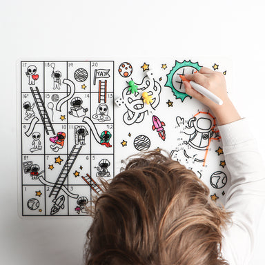 Silicone erasable and reusable coloring tablemat exclusive design Space Games for kids with set of dry-erase markers for kids by Mks miminoo gilbert arizona montessori homeschooling traveling activities