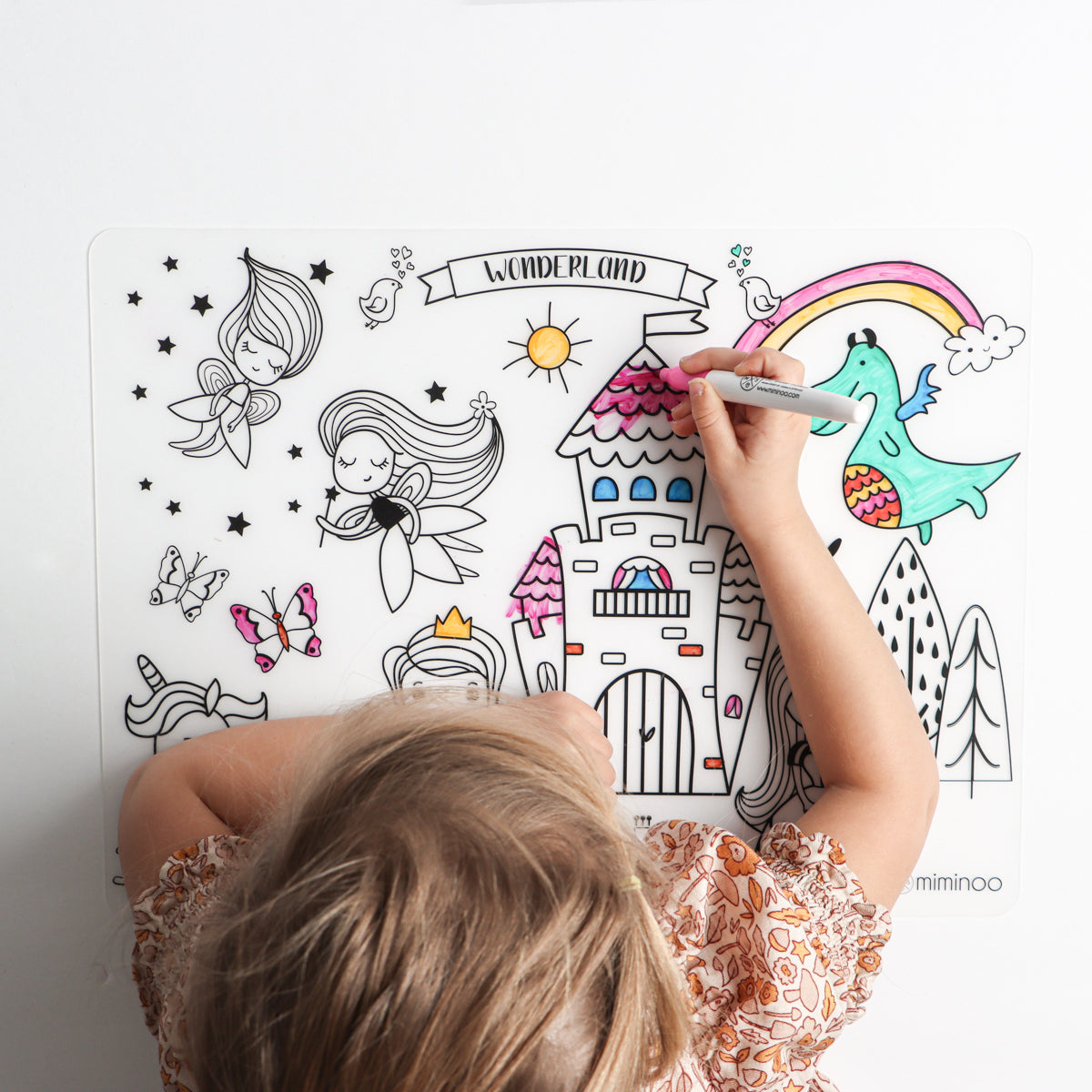 Silicone erasable and reusable coloring tablemat exclusive design wonderland for kids with set of dry-erase markers for kids by Mks miminoo gilbert arizona montessori homeschooling traveling activities