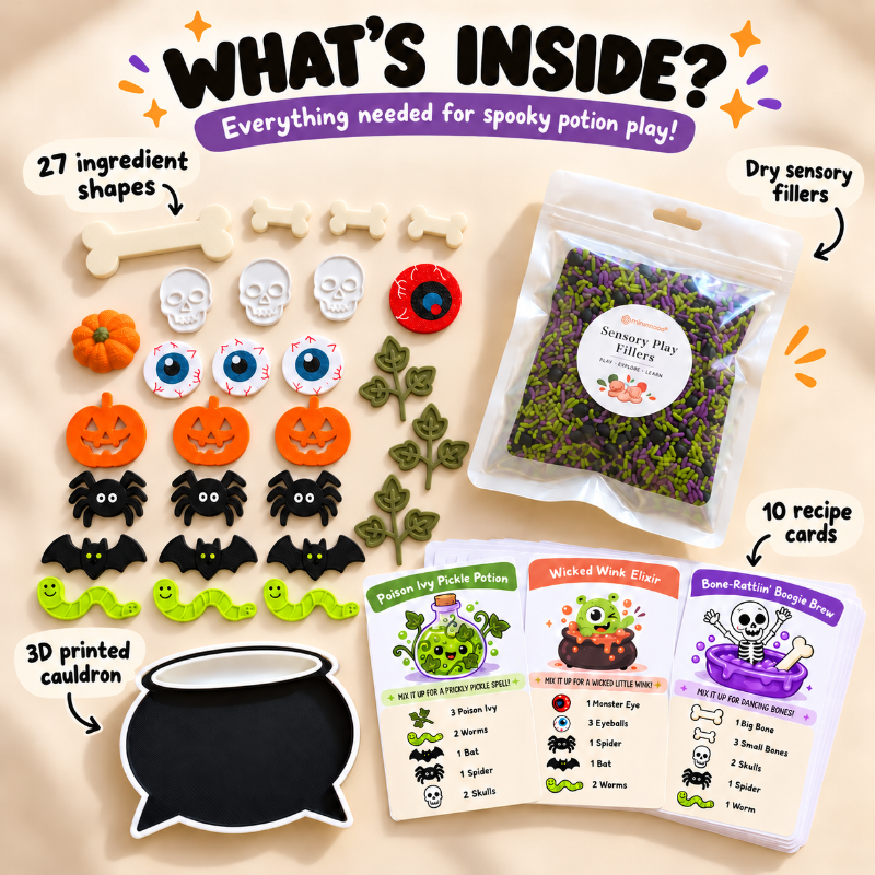 Halloween sensory play kit with witch potion cauldron, sensory filler, mini Halloween shapes and potion recipe cards.