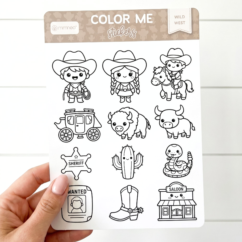 hand holding a coloring sticker sheets by miminoo on wild west theme
