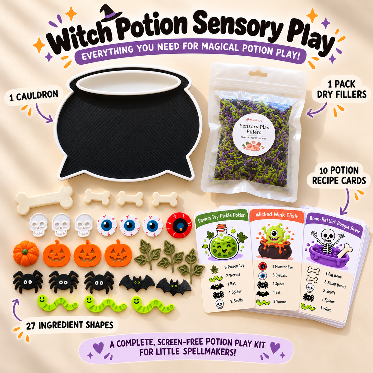 Miminoo Halloween sensory play kit with packaged sensory filler, potion pieces and witch potion recipe cards.