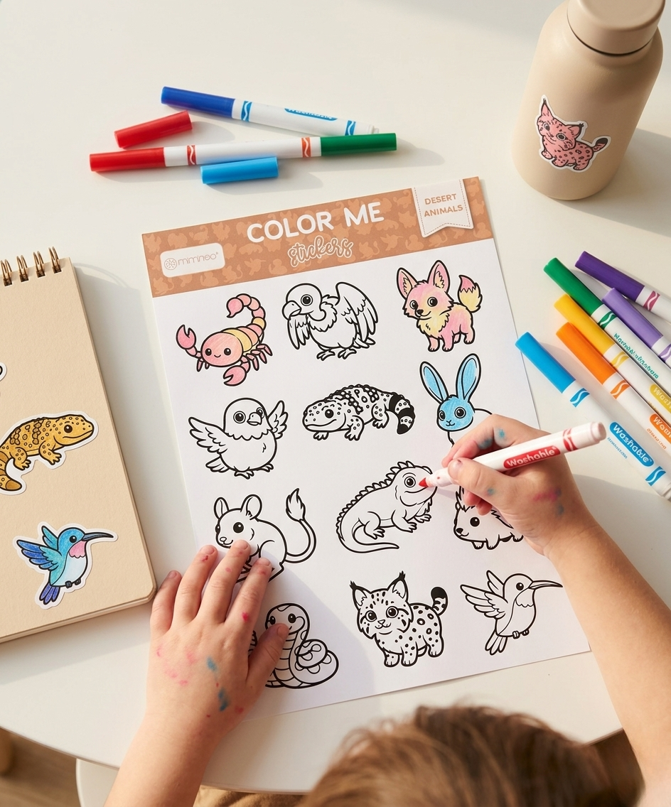 Child coloring animal illustrations on a 'Color Me' sheet with markers.