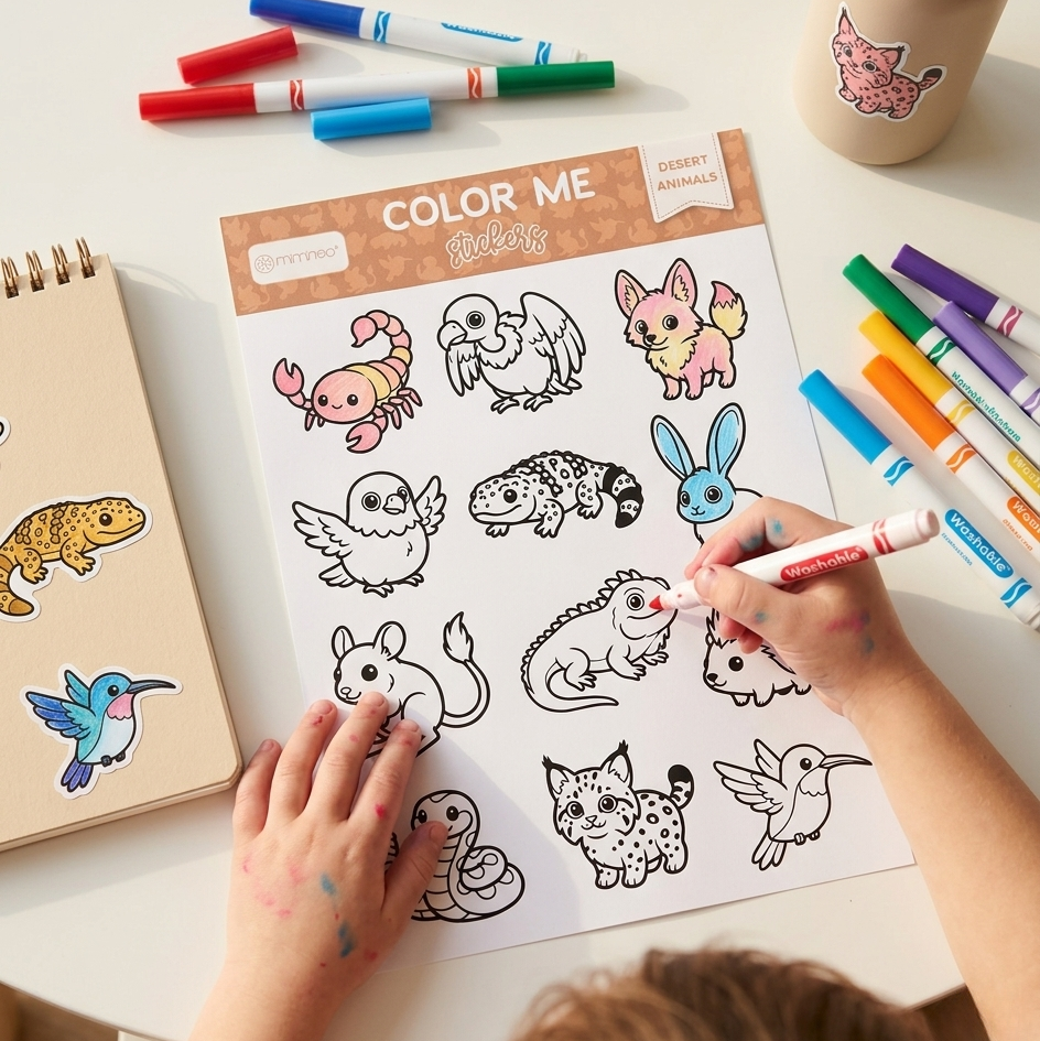 Child coloring animal illustrations on a 'Color Me' sheet with markers.