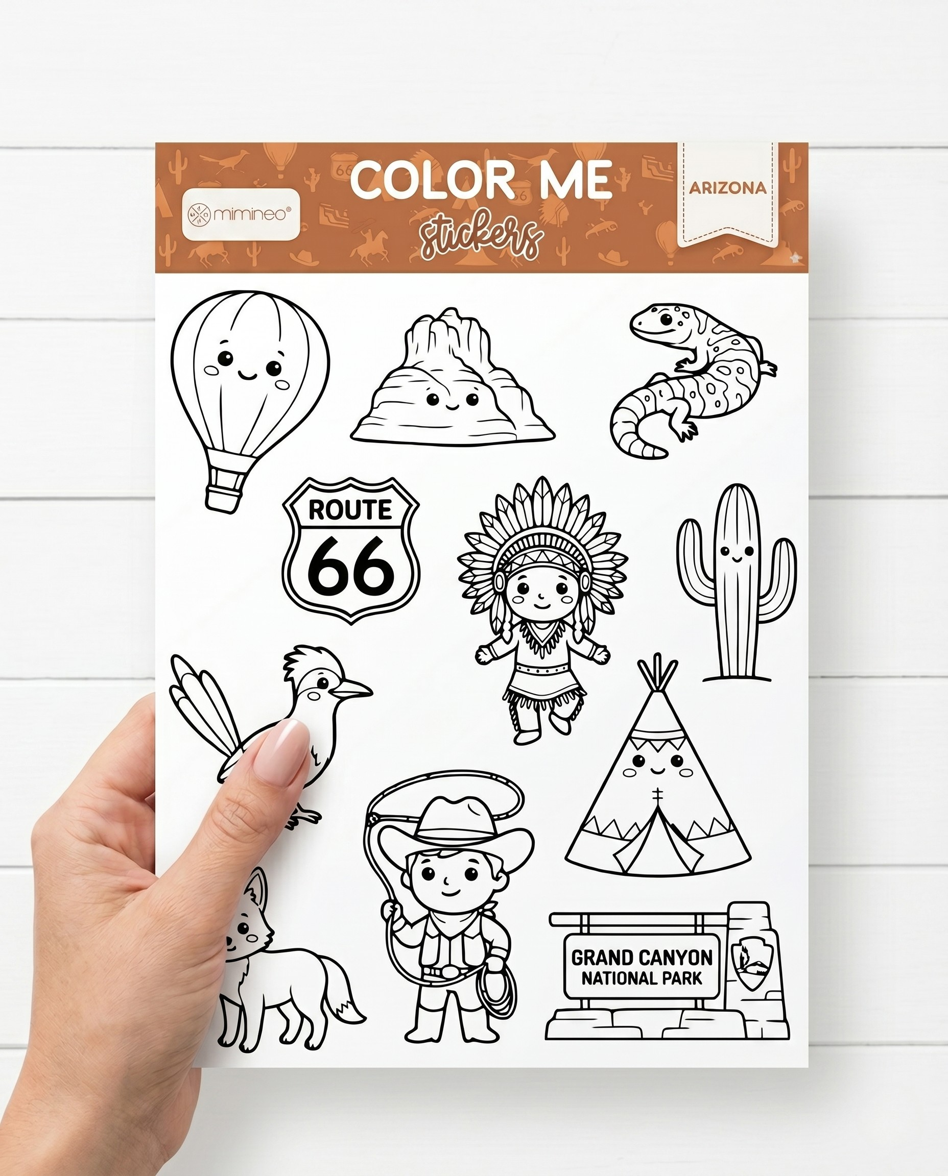 Coloring sheet with Arizona-themed stickers held by a hand on a white background