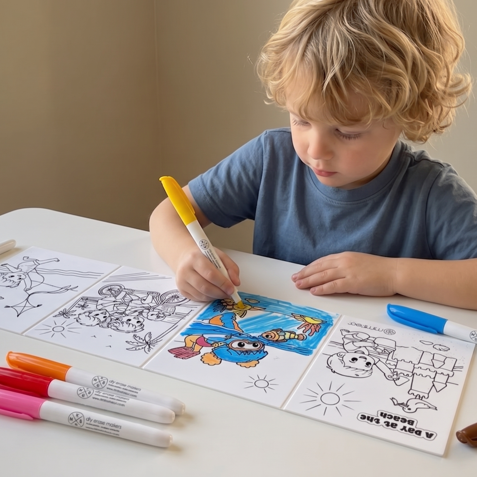A young child with blonde curly hair sits at a white table, coloring on printed activity sheets with markers. Several markers are placed around the table, and two windows are visible in the background.