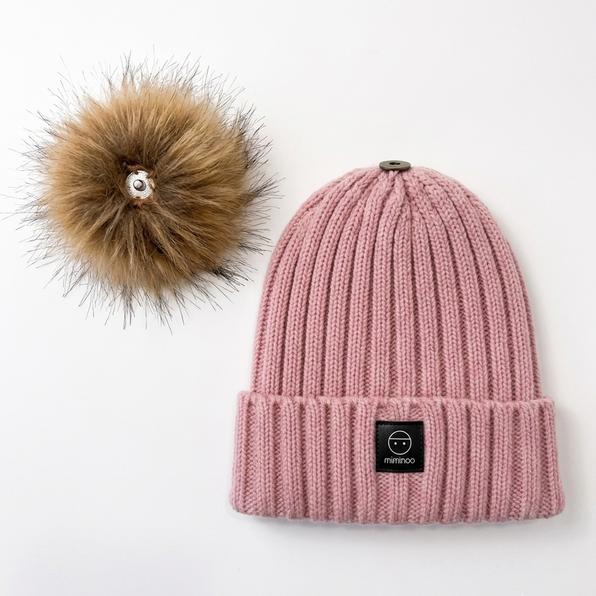 Angora Classic Ribbed Beanie Pom Snap-Button Option Dusty Pink