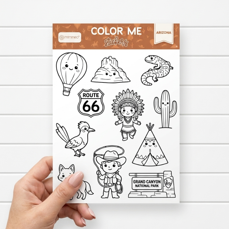 Sheet of black and white illustrations with 'Color Me' Arizona by Mks Miminoo design on a white background