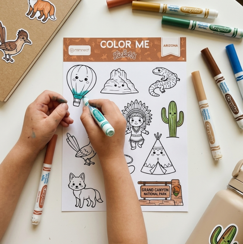 Kid coloring a sheet of Arizona-themed coloring pages by mks miminoo with markers on a white surface.