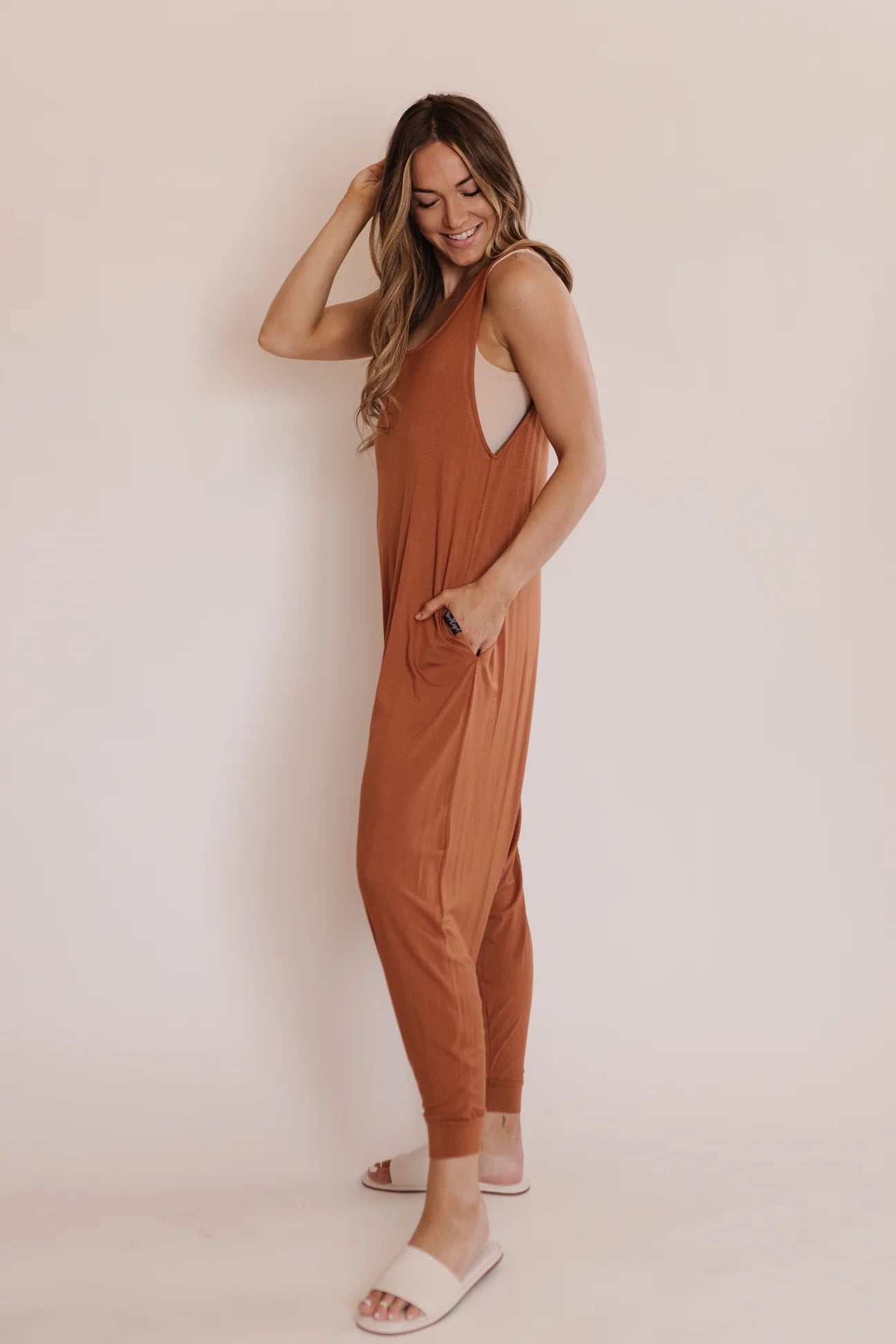 momper romper mom clothes pregnancy overall jumpsuit for mommy ultra comfortable and loose stretch fabric spandex and rayon mks miminoo gilbert arizona burnt orange terracotta