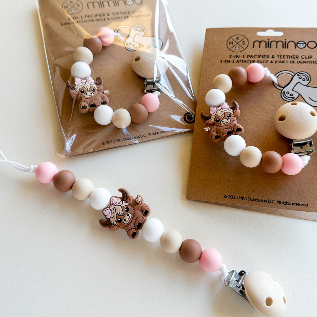 Pacifier clip & Teether Holder Highland Cow Pink