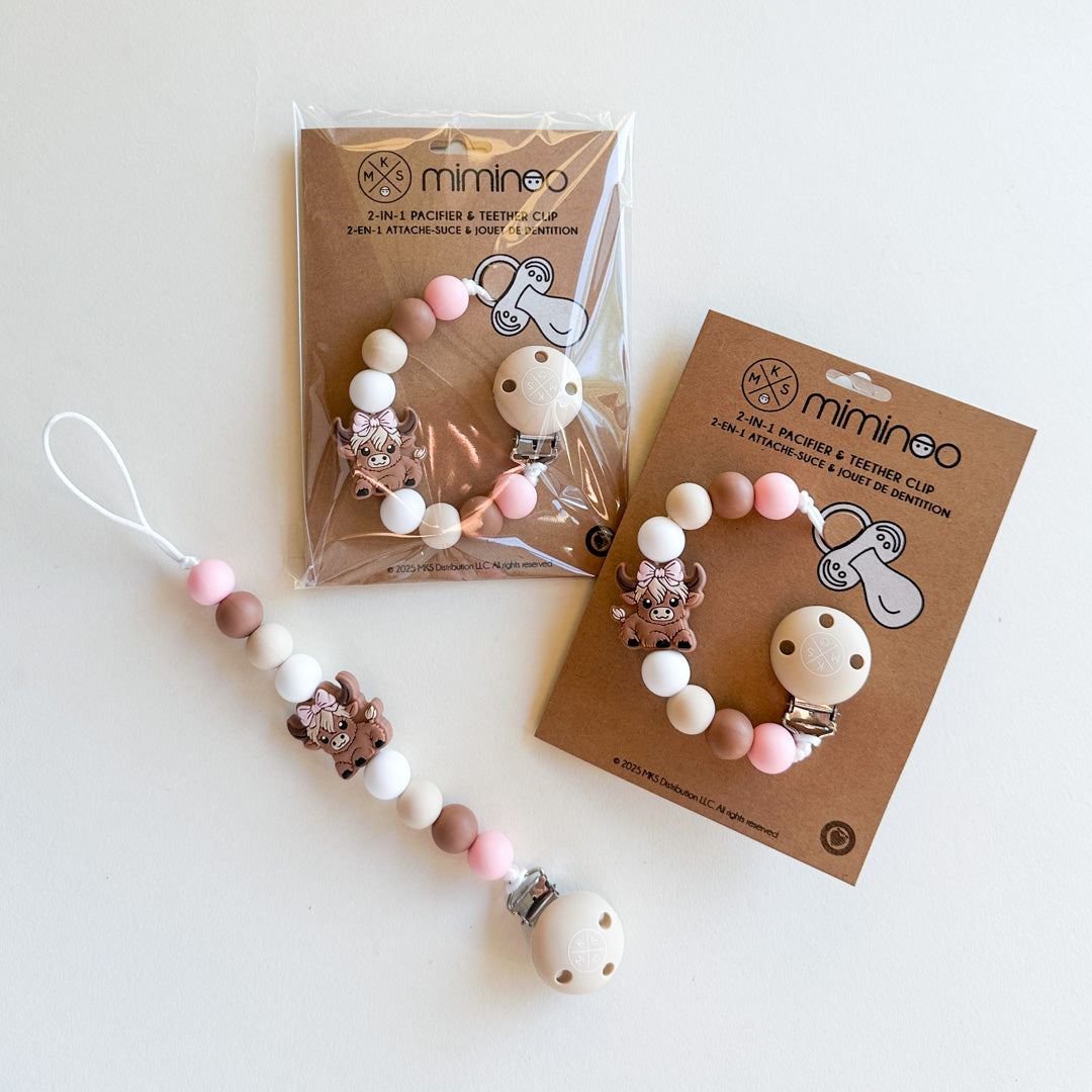 Pacifier clip & Teether Holder Highland Cow Pink