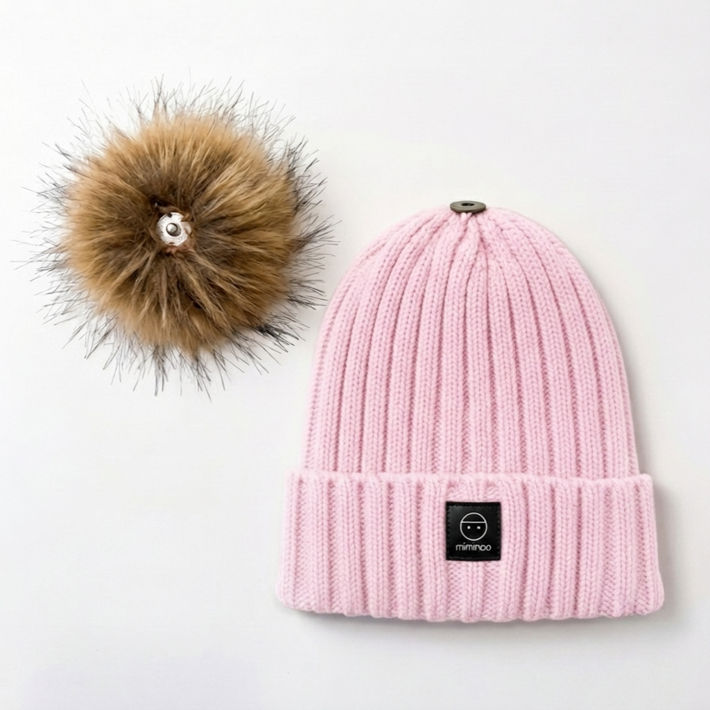 Angora Classic Ribbed Beanie Pom Snap-Button Option Pink