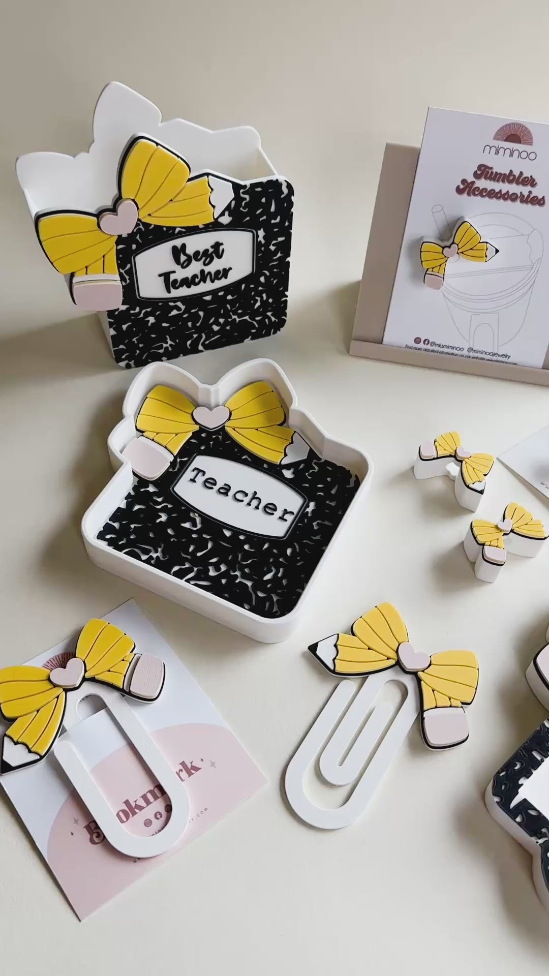 teacher appreciation desk set of pen holder, bookmark, straw topper, trinket dish, sticky notes and hair clip of the theme bow pencil with composition notebook accent by miminoo

