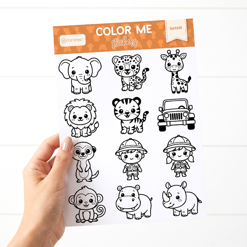 sticker sheet of safari theme animals held by a woman hand
