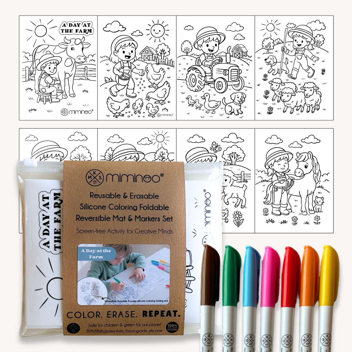 Reversible Foldable Opaque Silicone Coloring Mat & Markers Set - A Day at the Farm