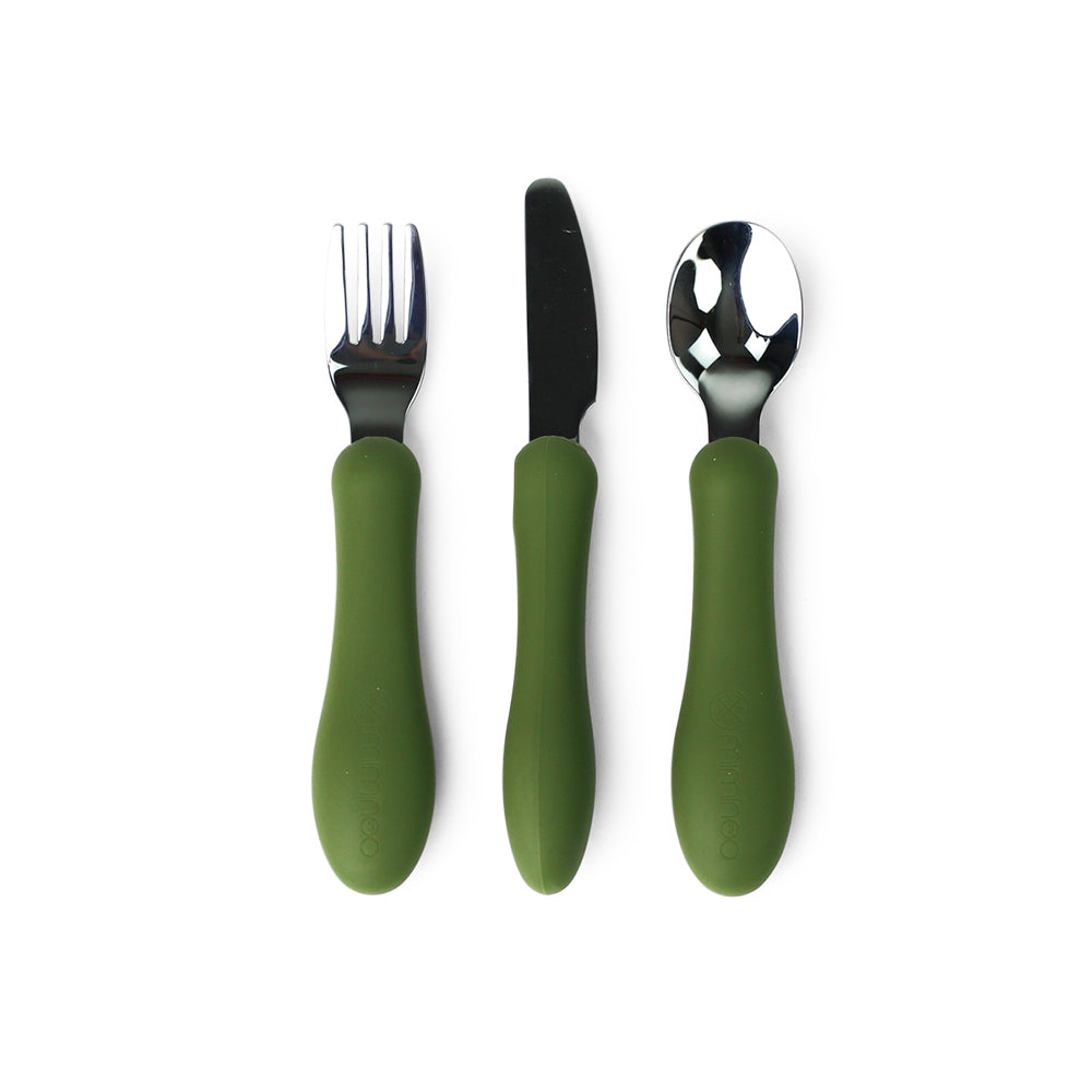 Silicone stainless cutlery utensils fork knife spoon set by mks miminoo usa for toddler kids in army green  for boys