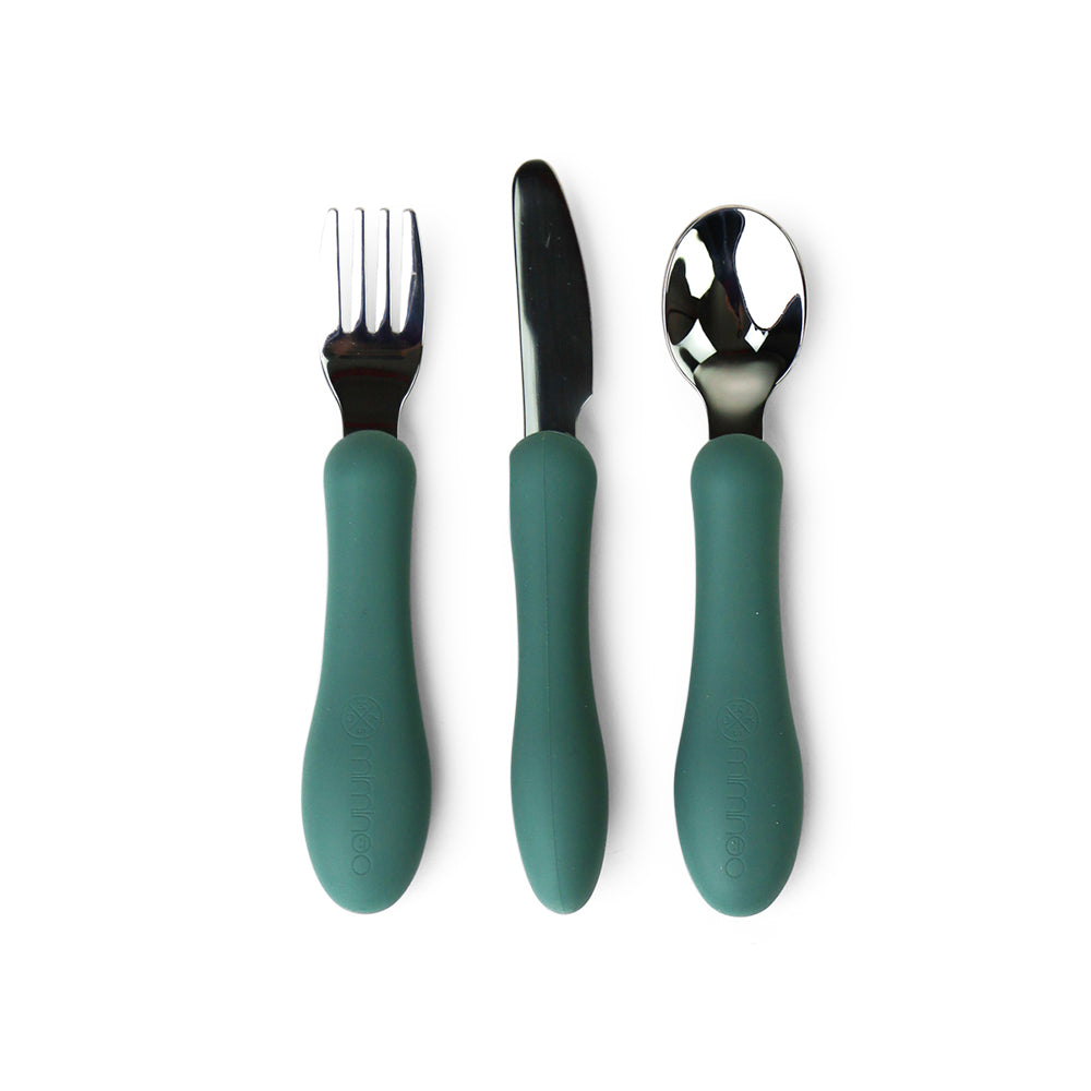silicone stainless silica soft fork spoon knife utensils cutlery kids toddler babies mks miminoo in duck green for boys and girls
