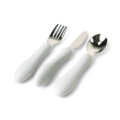 Silicone stainless cutlery utensils fork knife spoon set by mks miminoo usa for toddler kids in light grey for girls and boys