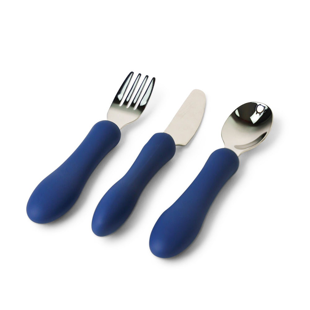 silicone stainless silica soft fork spoon knife utensils cutlery kids toddler babies mks miminoo in navy blue for boys and girls