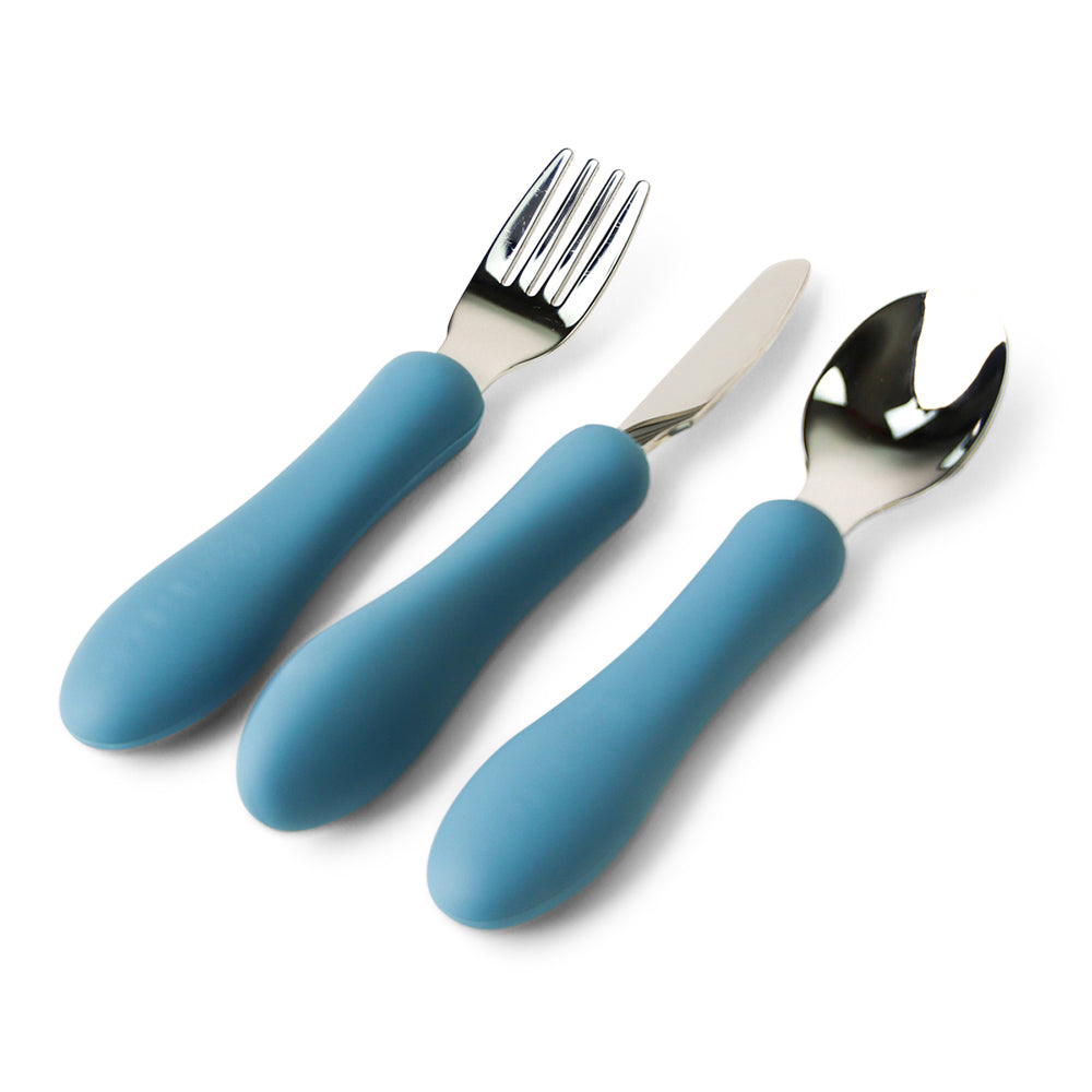 silicone stainless silica soft fork spoon knife utensils cutlery kids toddler babies mks miminoo in petrol blue for boys and girls