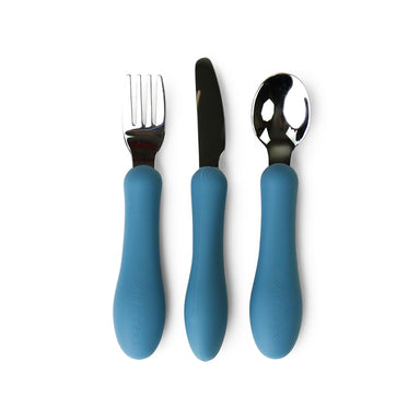 silicone stainless silica soft fork spoon knife utensils cutlery kids toddler babies mks miminoo in petrol blue for boys and girls