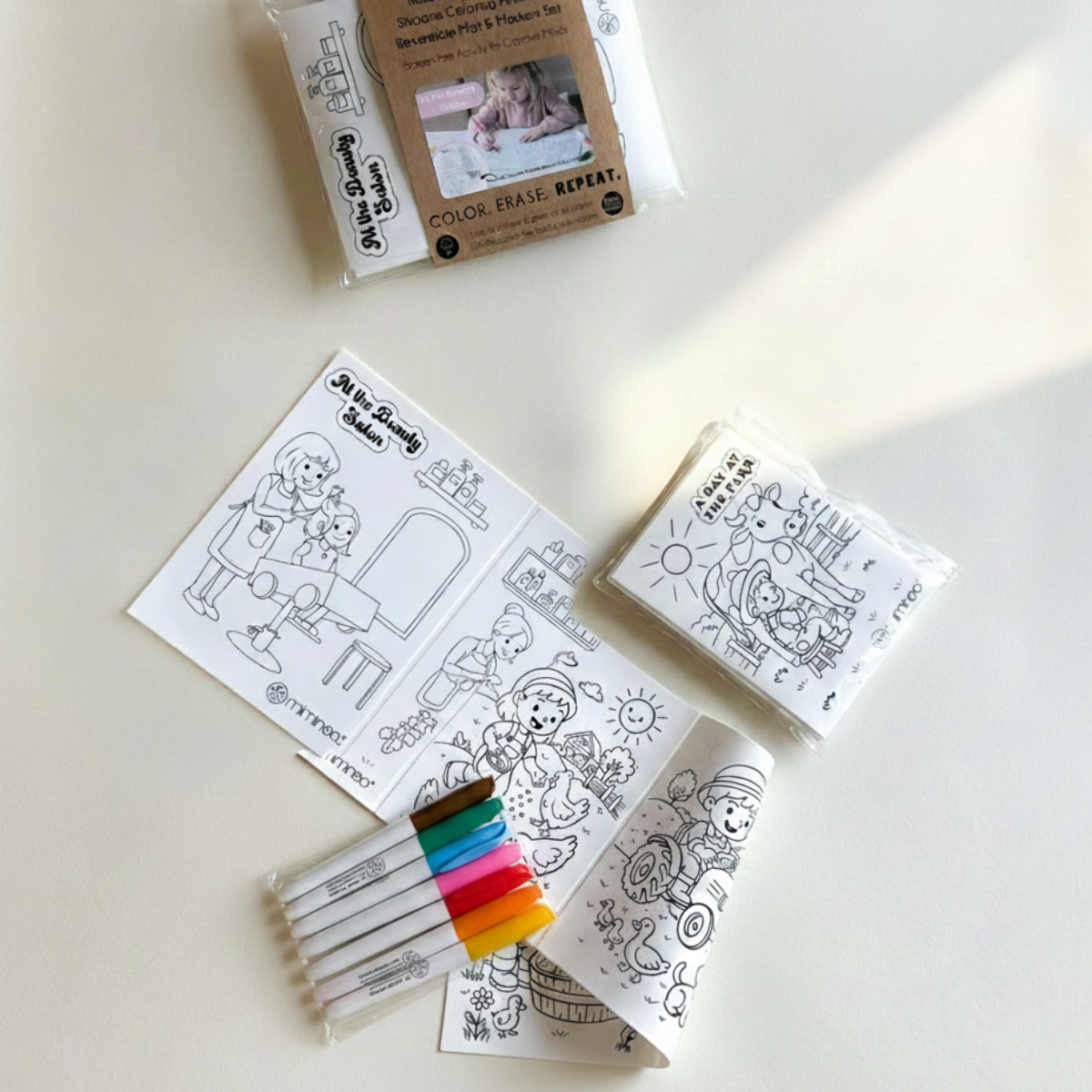 MKS Miminoo foldable reusable and erasable silicone coloring reversible mat with dry-erase markers for girls "At the Beauty Salon"