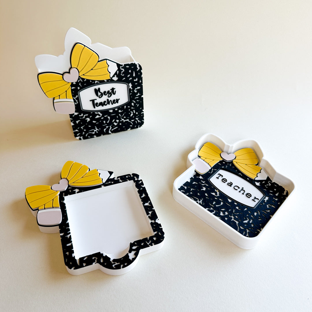 Three decorative desk accessories for teachers with yellow bows and text on a beige background