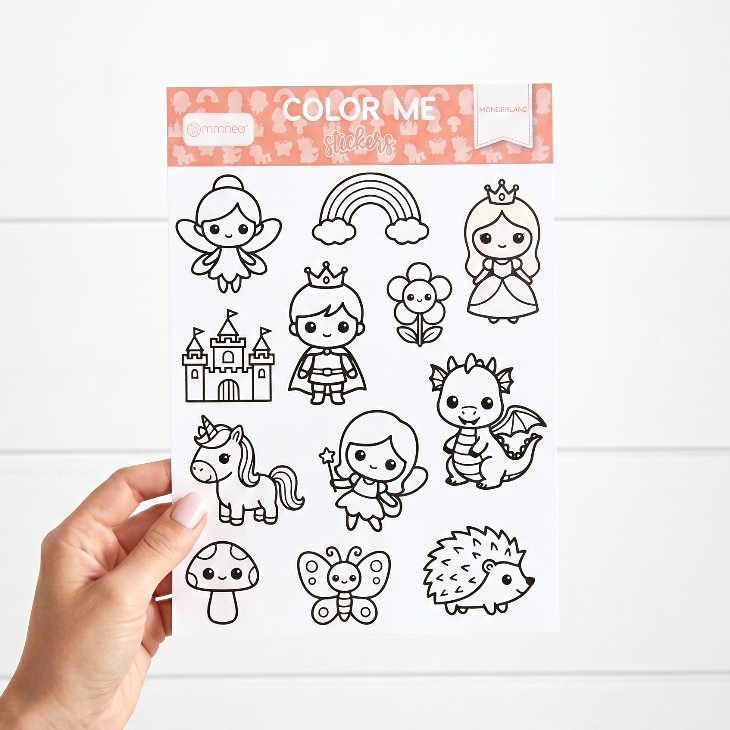 hand holding a sheet of coloring stickers wonderland princess by miminoo