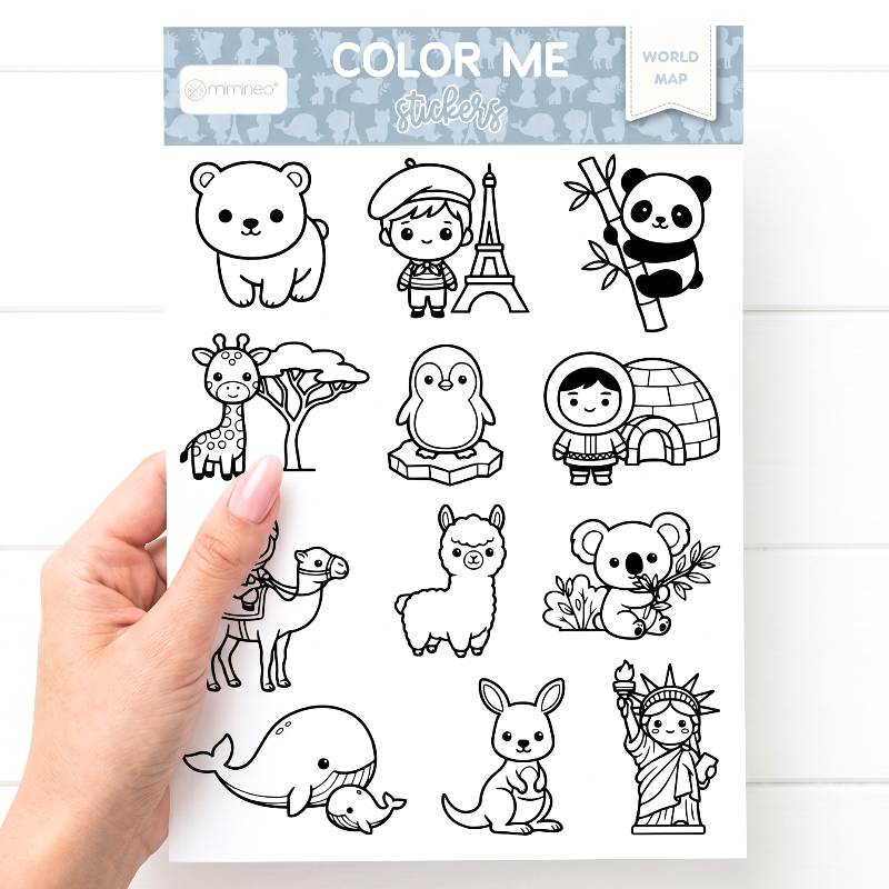 hand holding a color me sticker sheet theme world map of animals by miminoo