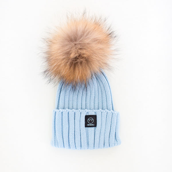 belle enfant pompom hat rabbit fur trim soft blue – kodomo