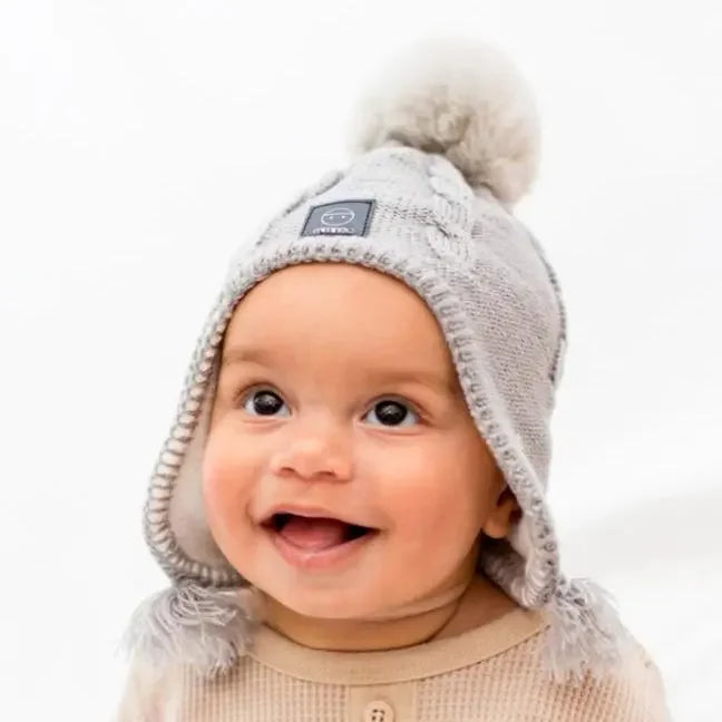 Baby Fleece Lining Merino Beanie Single Faux Fur Snap On Pom Grey-Winter Beanies-Mix & Match baby beanie winter hat snap on removable pompom single or double by MKS Miminoo Arizona USA