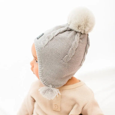 Baby Fleece Lining Merino Beanie Single Faux Fur Snap On Pom Grey-Winter Beanies-Mix & Match baby beanie winter hat snap on removable pompom single or double by MKS Miminoo Arizona USA