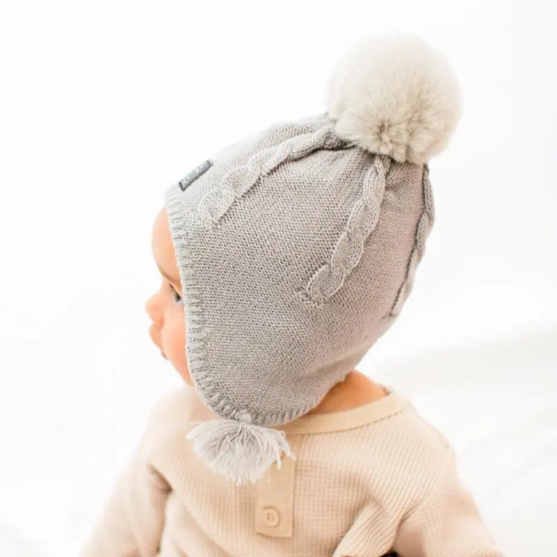 Baby Fleece Lining Merino Beanie Single Faux Fur Snap On Pom Grey-Winter Beanies-Mix & Match baby beanie winter hat snap on removable pompom single or double by MKS Miminoo Arizona USA