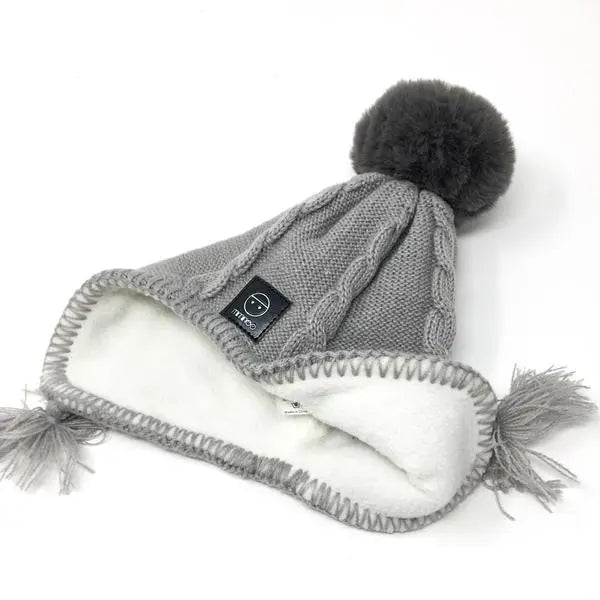 Baby Fleece Lining Merino Beanie Single Faux Fur Snap On Pom Grey-Winter Beanies-Mix & Match baby beanie winter hat snap on removable pompom single or double by MKS Miminoo Arizona USA