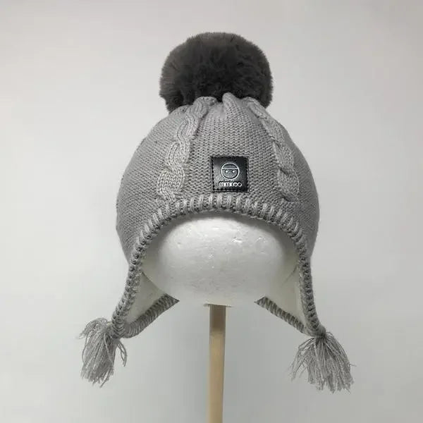 Baby Fleece Lining Merino Beanie Single Faux Fur Snap On Pom Grey-Winter Beanies-Mix & Match baby beanie winter hat snap on removable pompom single or double by MKS Miminoo Arizona USA