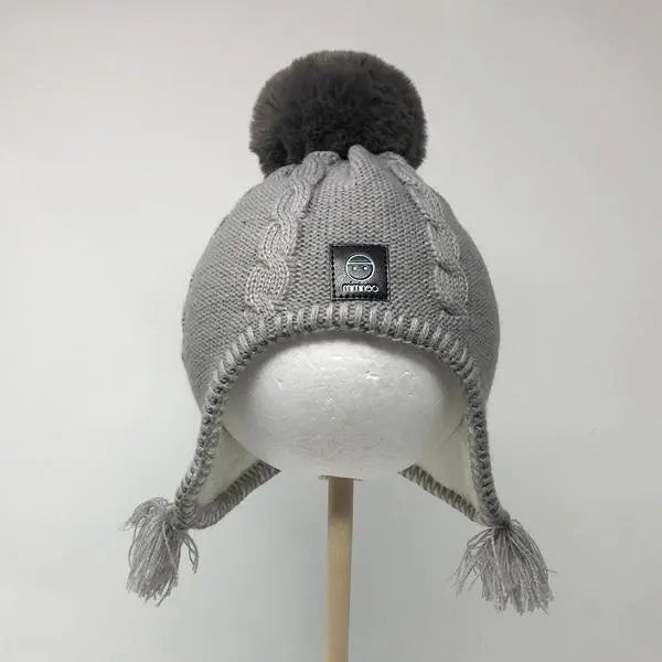 Baby Fleece Lining Merino Beanie Single Faux Fur Snap On Pom Grey-Winter Beanies-Mix & Match baby beanie winter hat snap on removable pompom single or double by MKS Miminoo Arizona USA
