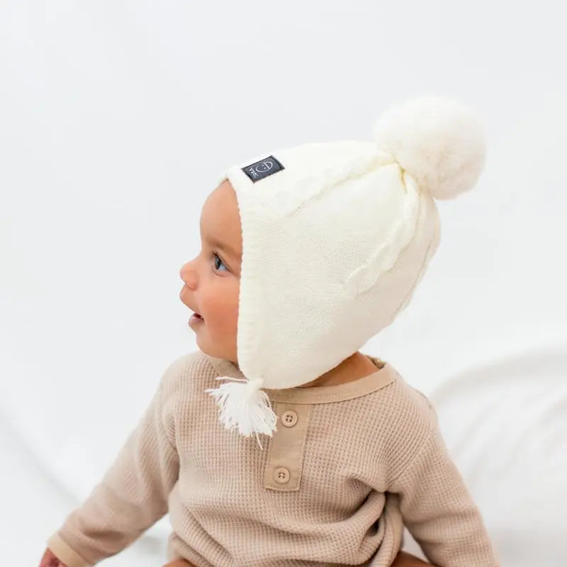 Baby Fleece Lining Merino Beanie Single Faux Fur Snap On Pom Ivory-Winter Beanies-Mix & Match baby beanie winter hat snap on removable pompom single or double by MKS Miminoo Arizona USA