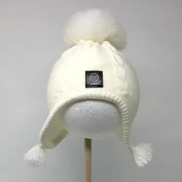 Baby Fleece Lining Merino Beanie Single Faux Fur Snap On Pom Ivory-Winter Beanies-Mix & Match baby beanie winter hat snap on removable pompom single or double by MKS Miminoo Arizona USA