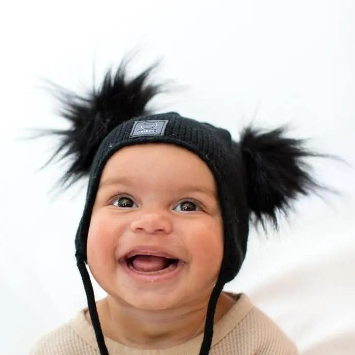 Baby Snap On Pom Poms Beanie with Strings Black-Winter Beanies-Mix & Match baby beanie winter hat snap on removable pompom single or double by MKS Miminoo Arizona USA