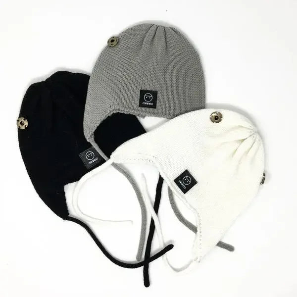 Baby Snap On Pom Poms Beanie with Strings Black-Winter Beanies-Mix & Match baby beanie winter hat snap on removable pompom single or double by MKS Miminoo Arizona USA