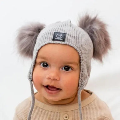 Baby Snap On Pom Poms Beanie with Strings Grey-Winter Beanies-Mix & Match baby beanie winter hat snap on removable pompom single or double by MKS Miminoo Arizona USA