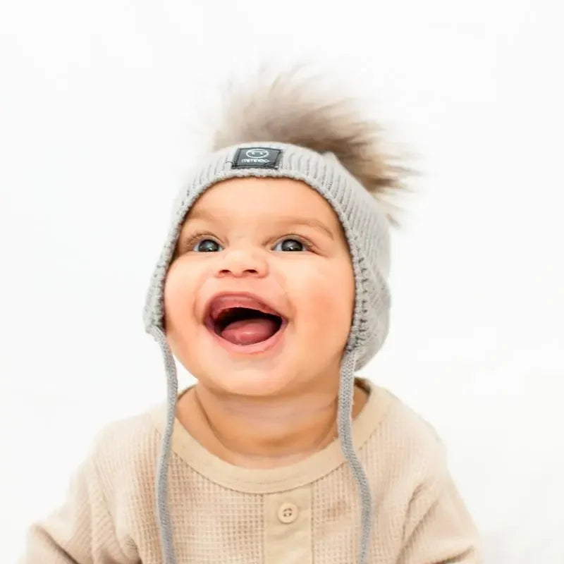 Baby Snap On Pom Poms Beanie with Strings Grey-Winter Beanies-Mix & Match baby beanie winter hat snap on removable pompom single or double by MKS Miminoo Arizona USA