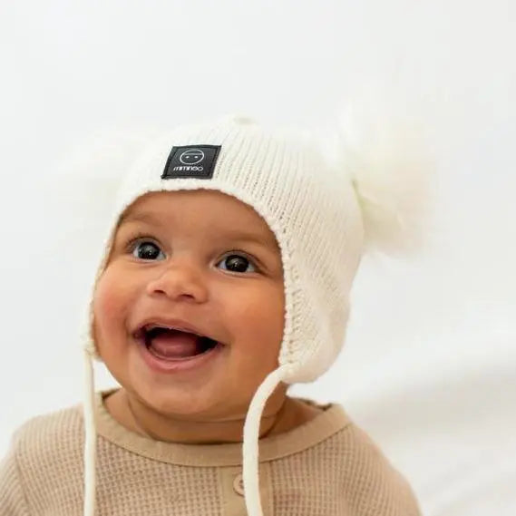 Baby Snap On Pom Poms Beanie with Strings Ivory-Winter Beanies-Mix & Match baby beanie winter hat snap on removable pompom single or double by MKS Miminoo Arizona USA