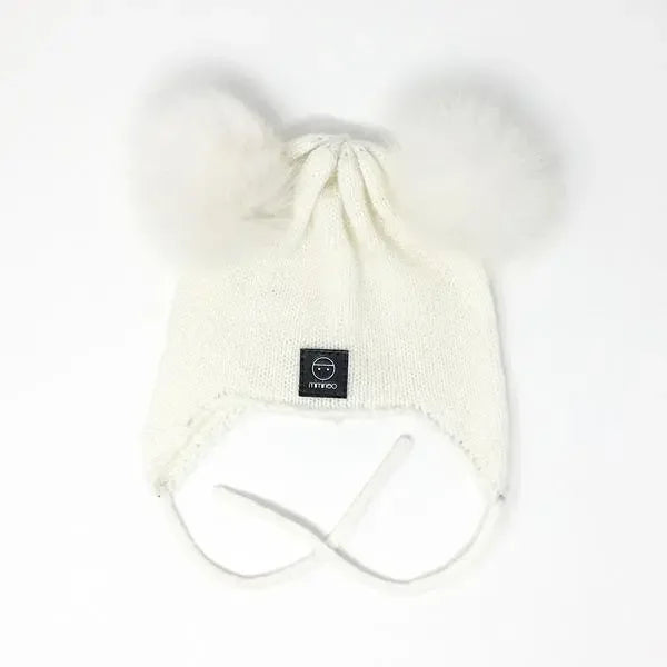 Baby Snap On Pom Poms Beanie with Strings Ivory-Winter Beanies-Mix & Match baby beanie winter hat snap on removable pompom single or double by MKS Miminoo Arizona USA