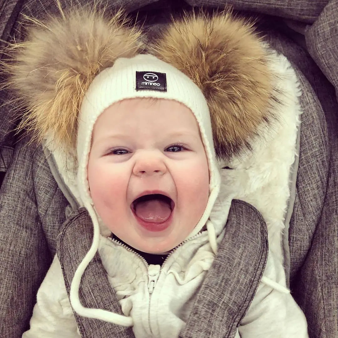 Baby Snap On Pom Poms Beanie with Strings Ivory-Winter Beanies-Mix & Match baby beanie winter hat snap on removable pompom single or double by MKS Miminoo Arizona USA