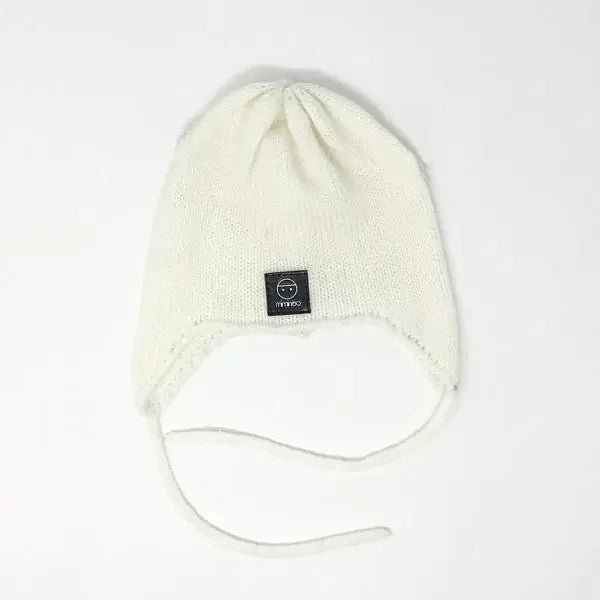 Baby Snap On Pom Poms Beanie with Strings Ivory-Winter Beanies-Mix & Match baby beanie winter hat snap on removable pompom single or double by MKS Miminoo Arizona USA