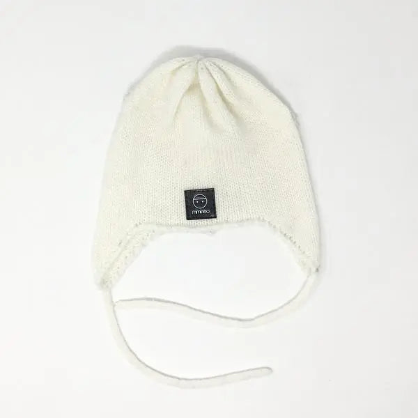 Baby Snap On Pom Poms Beanie with Strings Ivory-Winter Beanies-Mix & Match baby beanie winter hat snap on removable pompom single or double by MKS Miminoo Arizona USA