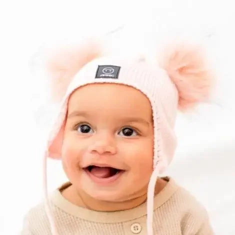 Baby Snap On Pom Poms Beanie with Strings Pink-Winter Beanies-Mix & Match baby beanie winter hat snap on removable pompom single or double by MKS Miminoo Arizona USA